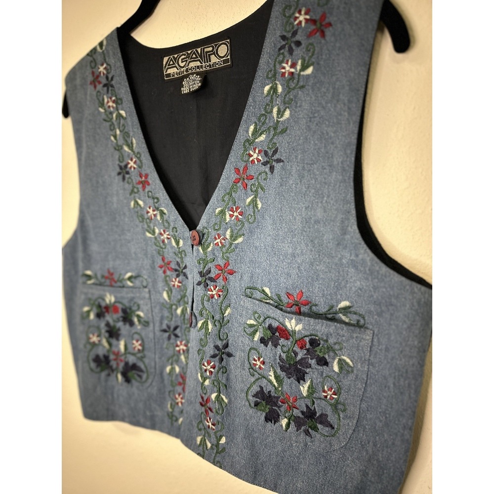VTG Agapo Womens Floral Embroidered Denim Button Up Vest Eclectic Artsy Petite S
